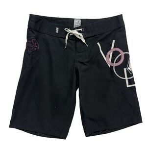 Volcom Miss Mod Board Shorts Womens Juniors Size 5 Black White Pink Embroidered